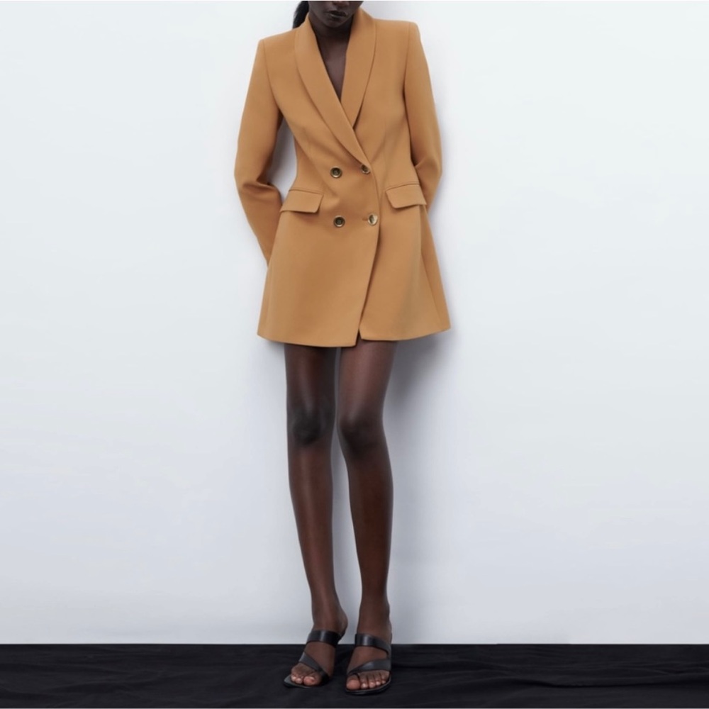 ZARA Double-Breasted Long Brown Blazer with Large Gold Buttons Size XS - Picture 3 of 4